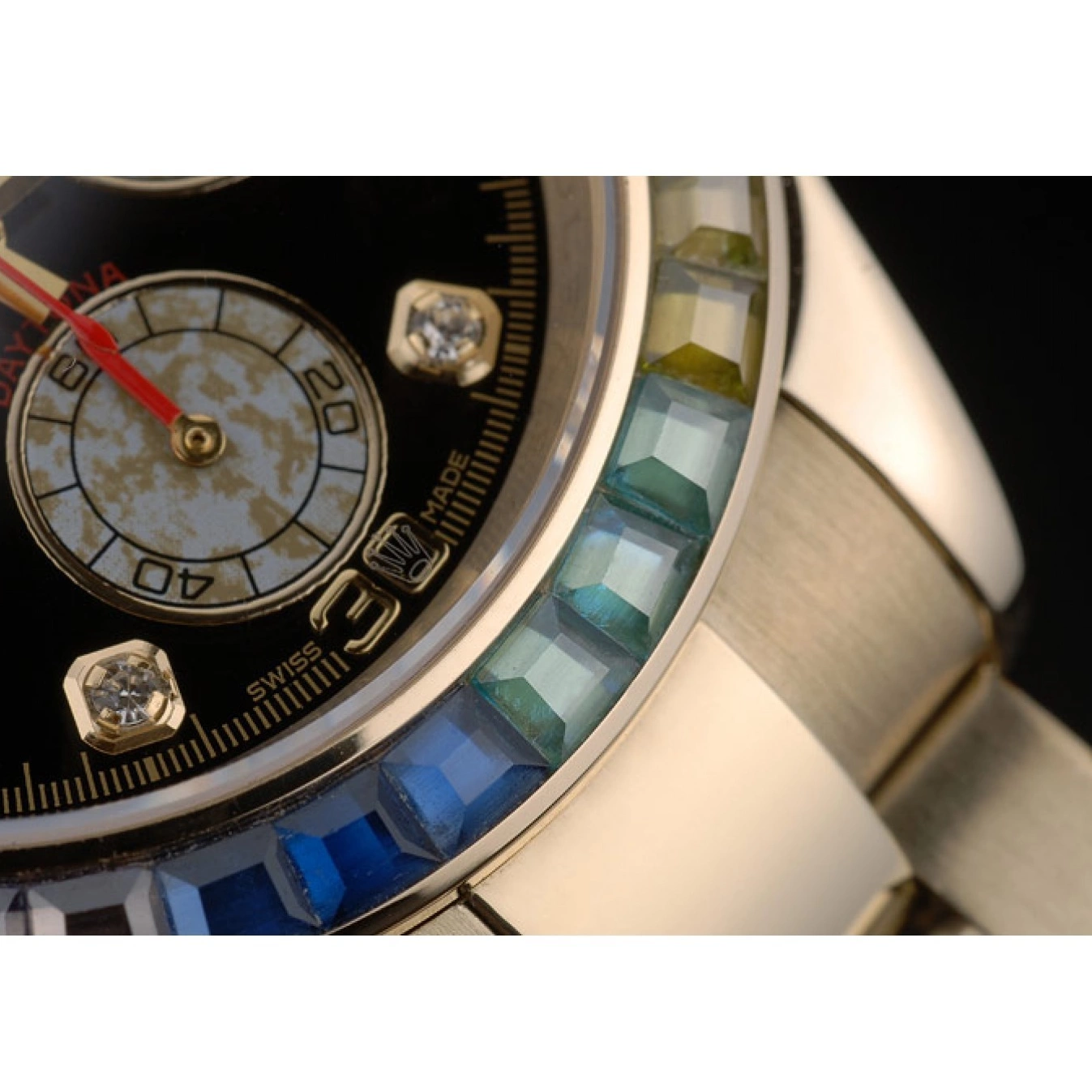 MiroTime 0719 Rolex Daytona Cosmograph Rainbow Crystals Bezel Rose Gold Strap Black Dial 80251